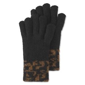 AQUA Women Knit Gloves O/S Black/Brown Leopard Print Cuff Cozy Chic Winter NWT
